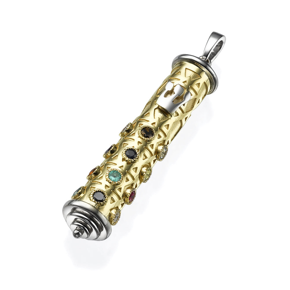 Mezuzah Pendant in 14K Two Tone Gold with Hoshen Stones - Talisman