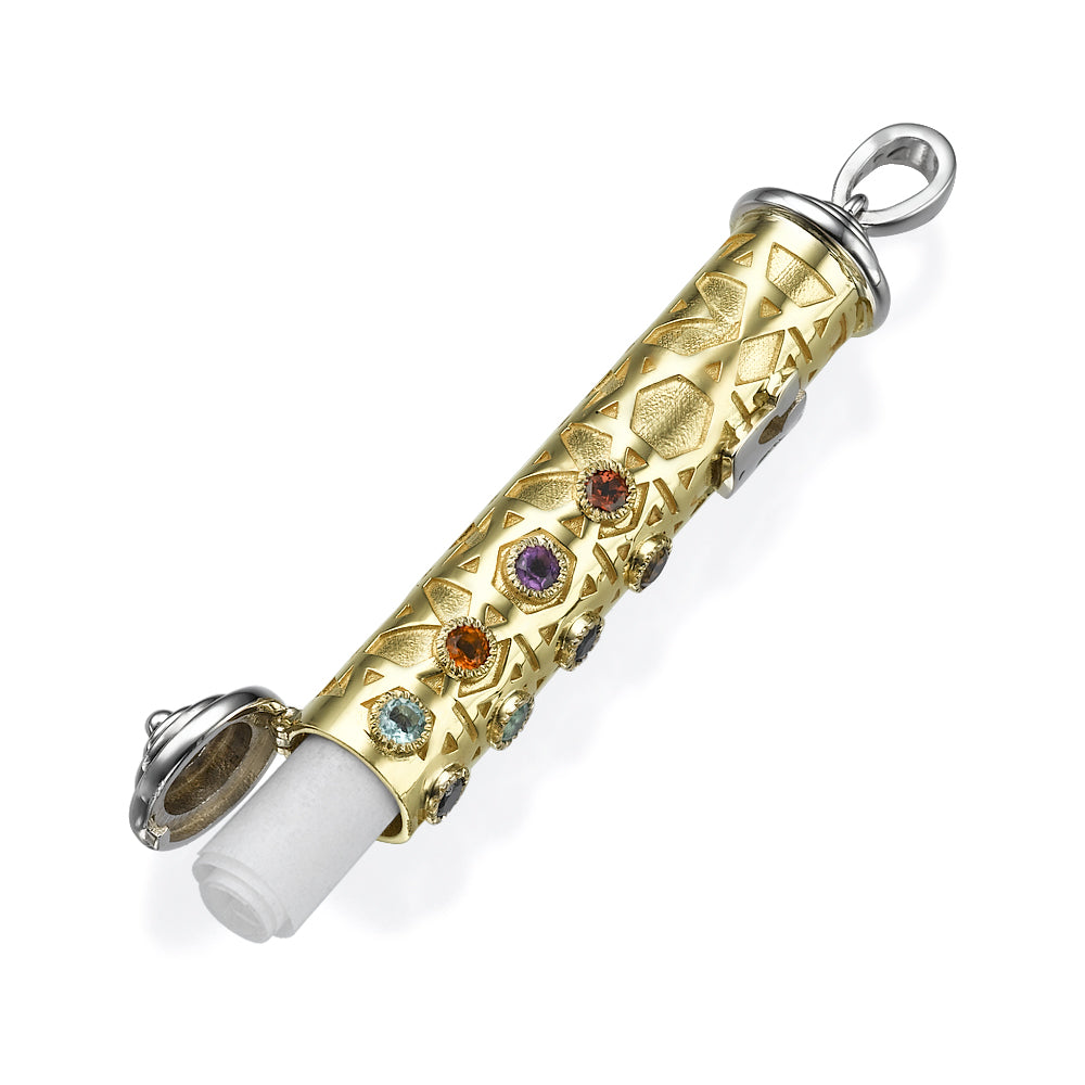 Mezuzah Pendant in 14K Two Tone Gold with Hoshen Stones - Talisman