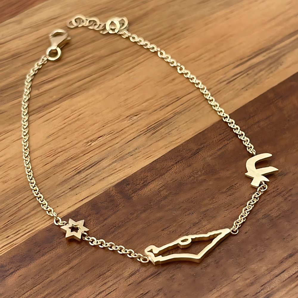 Map of Israel, Chai and Star of David Charm Bracelet in 14K Gold