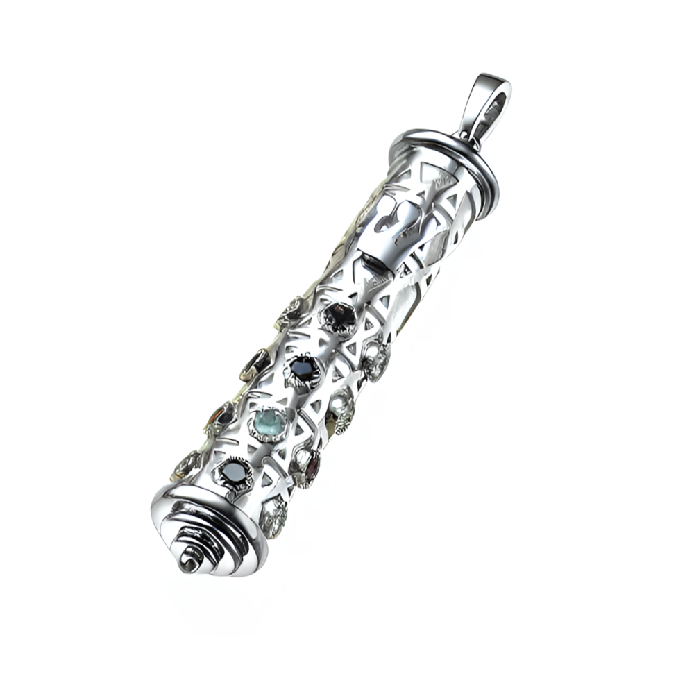 Mezuzah Shin Pendant in 14K White Gold with Hoshen Precious Stones