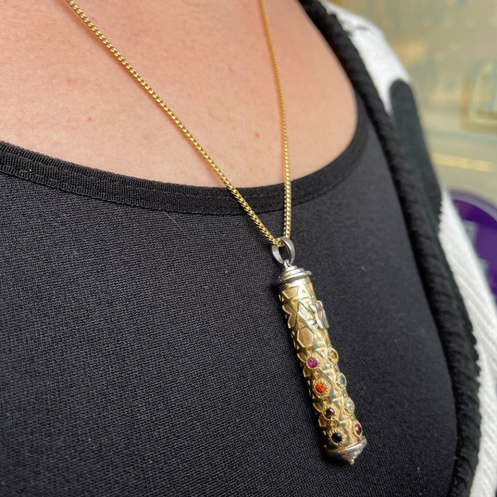 Mezuzah Pendant in 14K Two Tone Gold with Hoshen Stones - Talisman