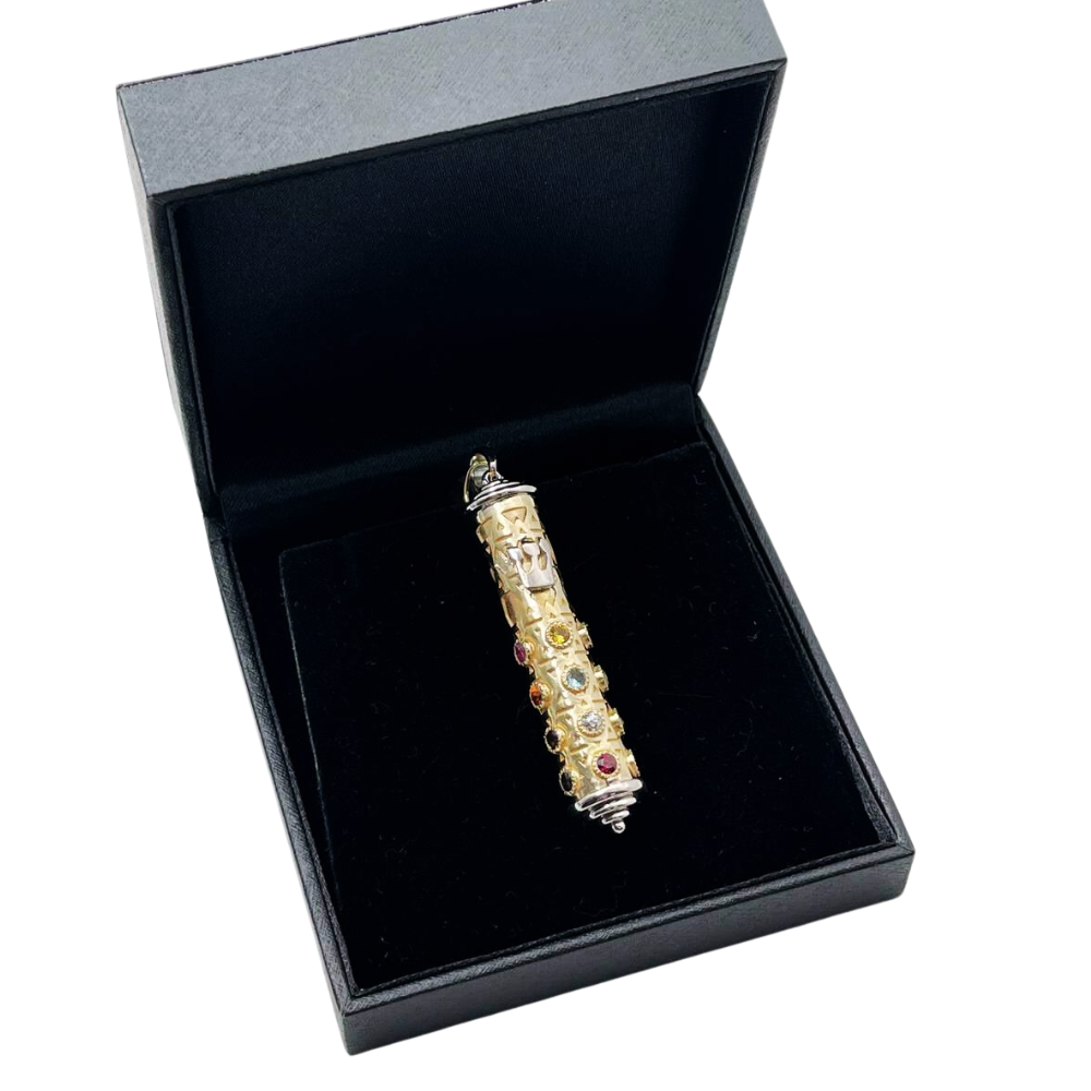 Mezuzah Pendant in 14K Two Tone Gold with Hoshen Stones - Talisman