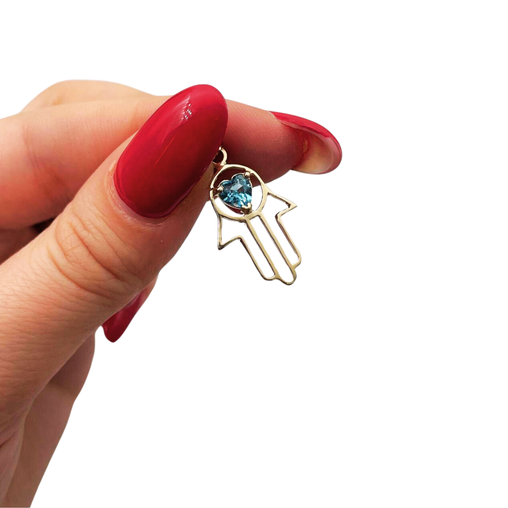 Heart Shaped Blue Topaz Hamsa Pendant - 14k Gold