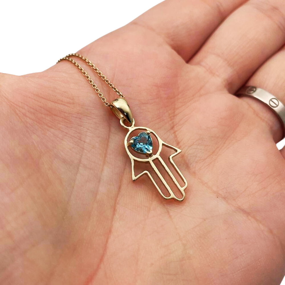 Heart Shaped Blue Topaz Hamsa Pendant - 14k Gold