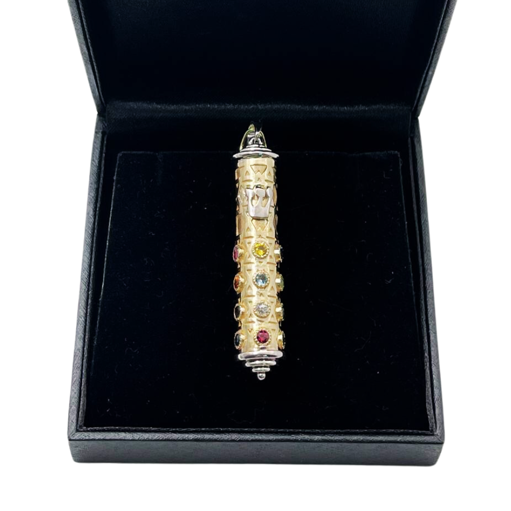 Mezuzah Pendant in 14K Two Tone Gold with Hoshen Stones - Talisman