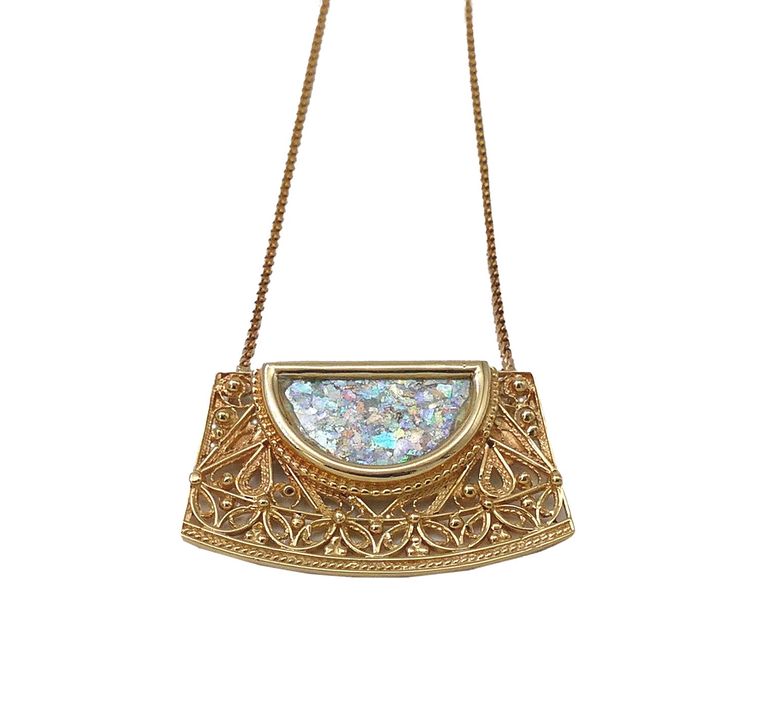 Roman Glass Necklace - 14k Gold Filigree Trapezoid Half Moon