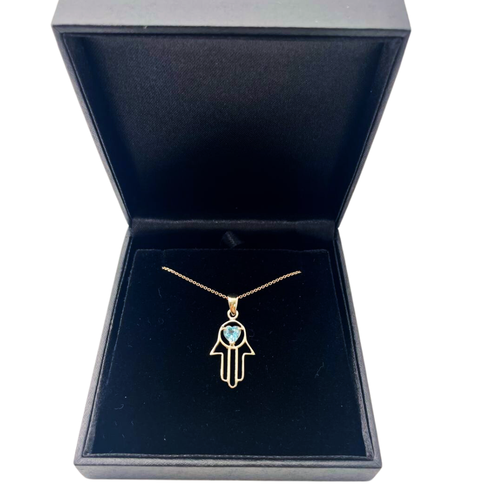 Heart Shaped Blue Topaz Hamsa Pendant - 14k Gold