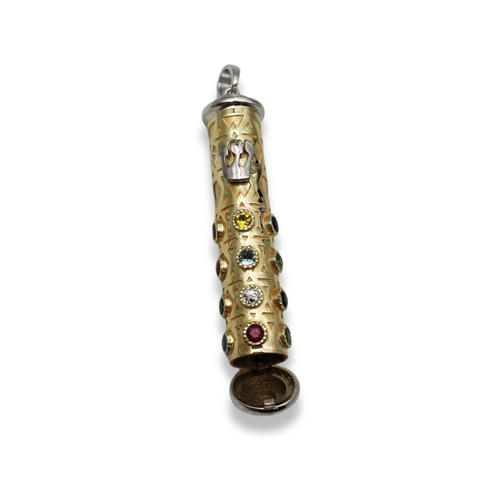 Mezuzah Pendant in 14K Two Tone Gold with Hoshen Stones - Talisman