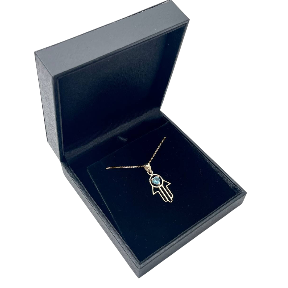 Heart Shaped Blue Topaz Hamsa Pendant - 14k Gold