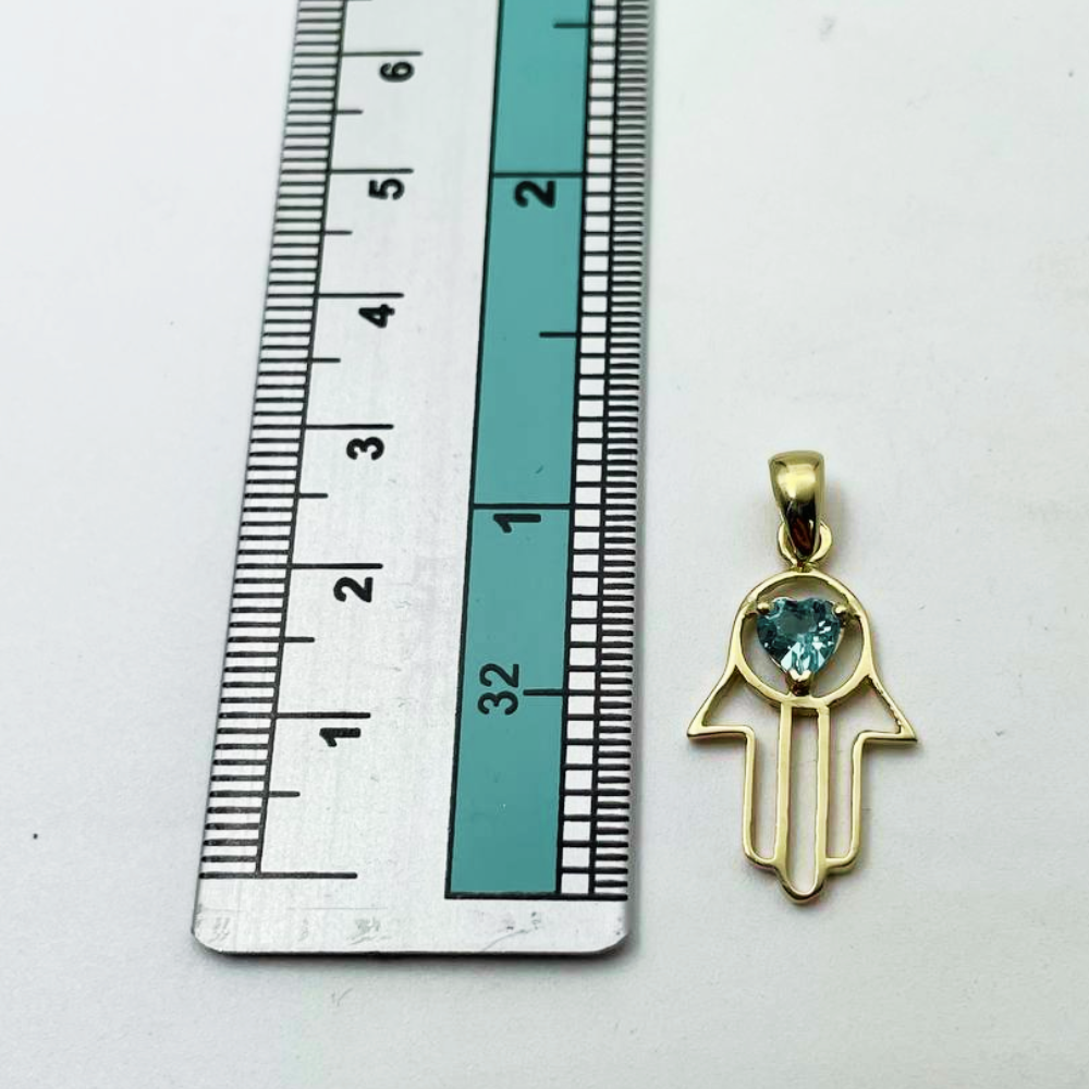 Heart Shaped Blue Topaz Hamsa Pendant - 14k Gold