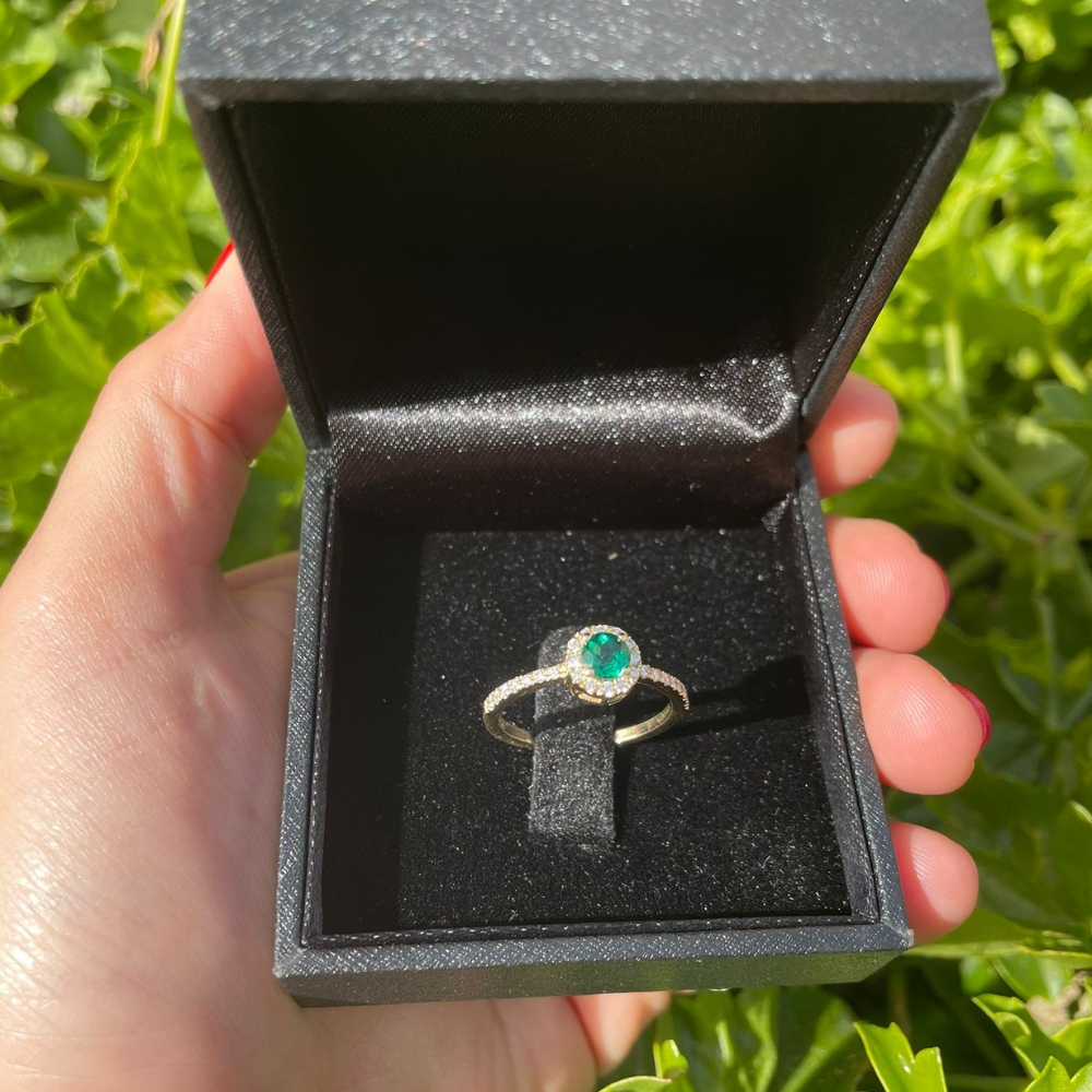 Emerald & Diamond Halo Ring in 14K Yellow Gold