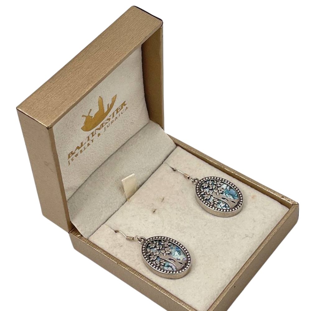 Oval Tree of Life Earrings with Roman Glass in Sterling Silver