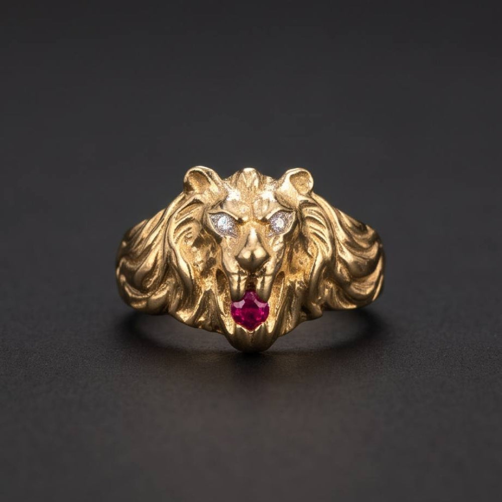 Diamond Lion of Judah Ruby Ring in 14k Yellow Gold