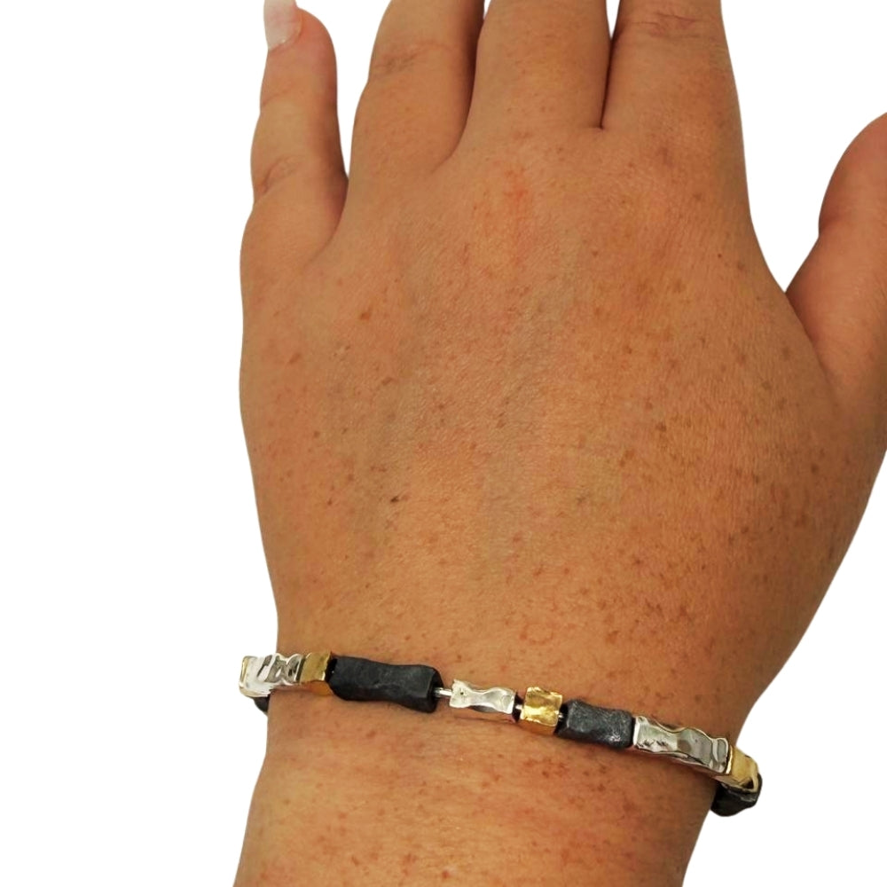 Handcrafted Israeli Mixed-Metal Bar Bracelet – Silver, Oxidized Silver & Gold Plated