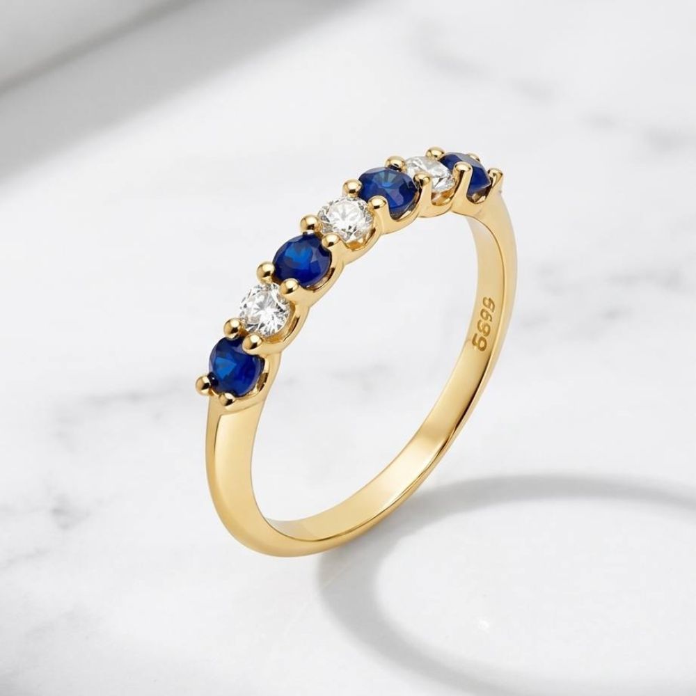 Sapphire & Diamond Half Eternity Band Ring in 14k Yellow Gold