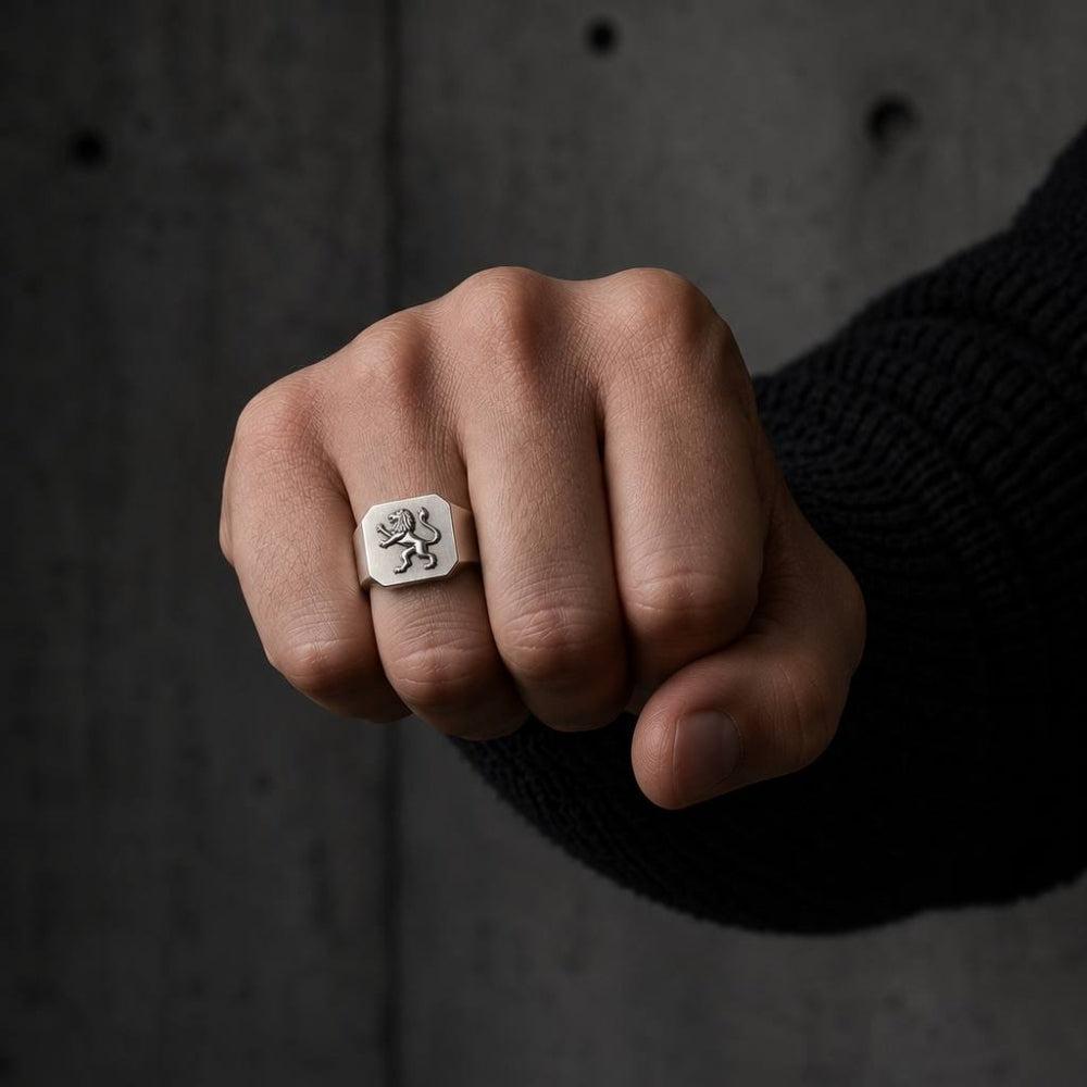 14K White Gold Lion of Judah Signet Ring Jewish Symbol Men's Statement Ring