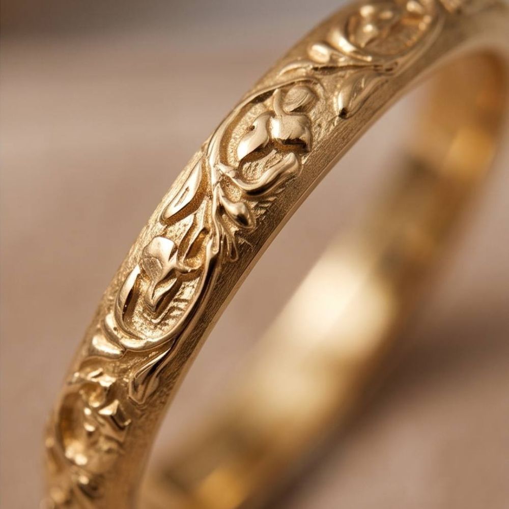 14K Solid Gold Floral Engraved Ring Vintage-Inspired Stackable