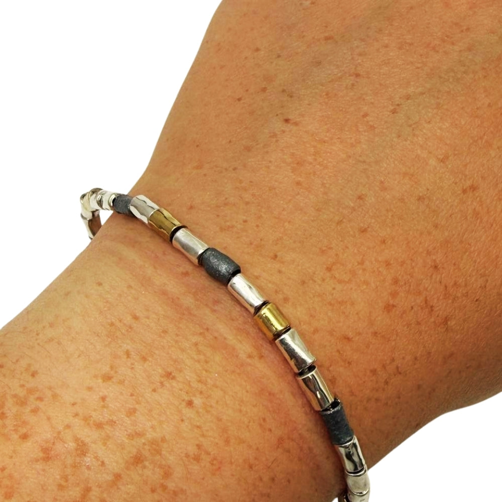 Handcrafted Mixed-Metal Israeli Beaded Bracelet – Sterling Silver, Oxidized Silver & Gold Plated Accent
