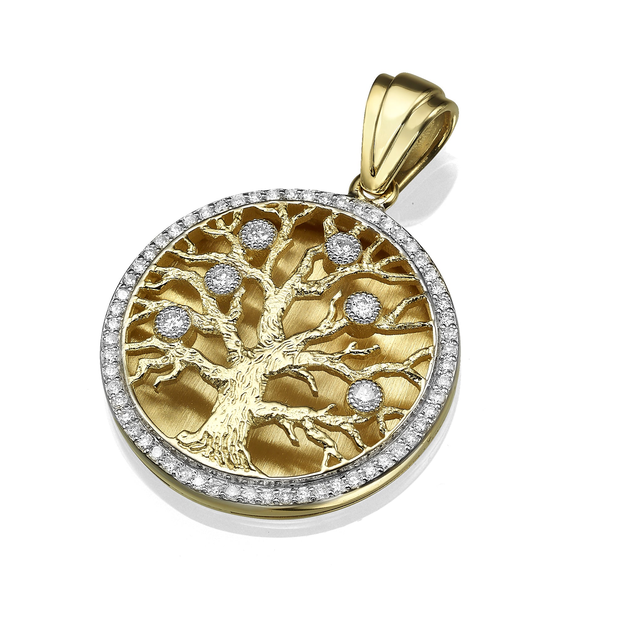14K Yellow Gold Diamond-Studded Tree of Life Round Large Pendant