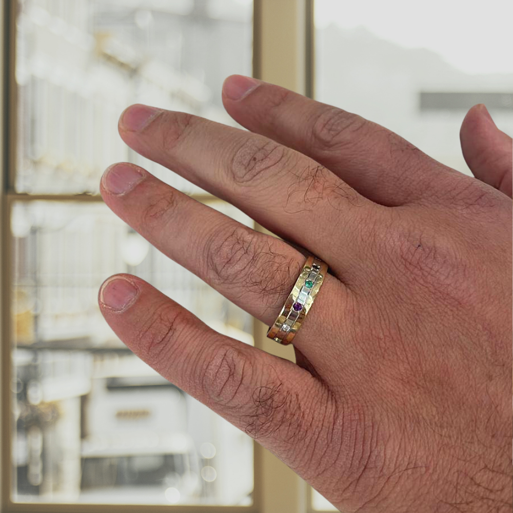 Wide Multicolor Hoshen Gemstones Ani Ledodi 14k Gold Wedding Band