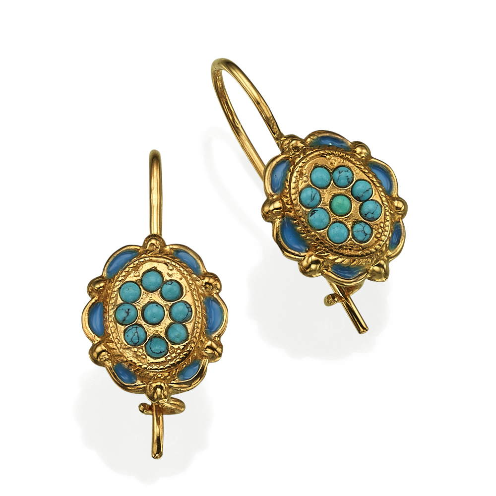Vintage Style Earrings in 14K Yellow Gold and Turquoise
