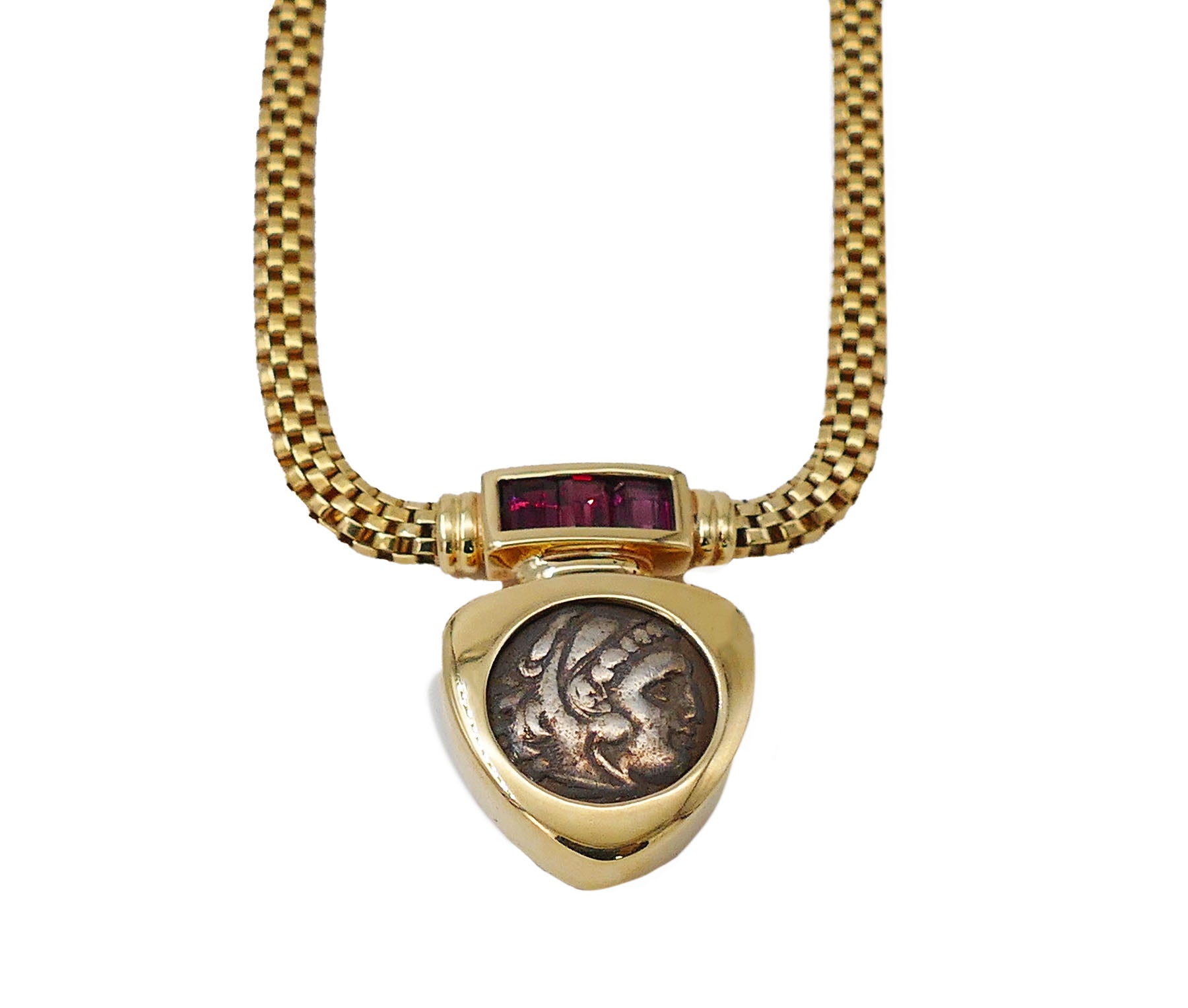 Authentic Alexander the Great Silver Coin Gold Necklace with Garnets