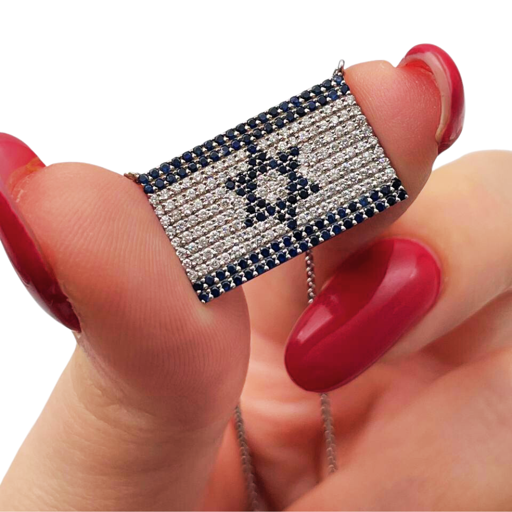 Israeli Flag Necklace in 14K White Gold with Diamonds and Blue Sapphires