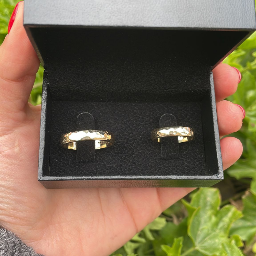 Hammered 14K Gold Wedding Band Laser Engraved