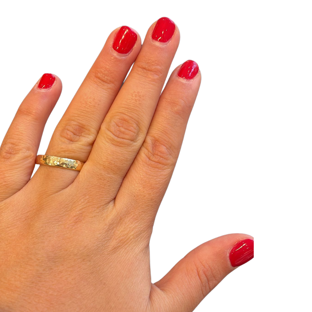 Hammered 14K Gold Wedding Band Laser Engraved