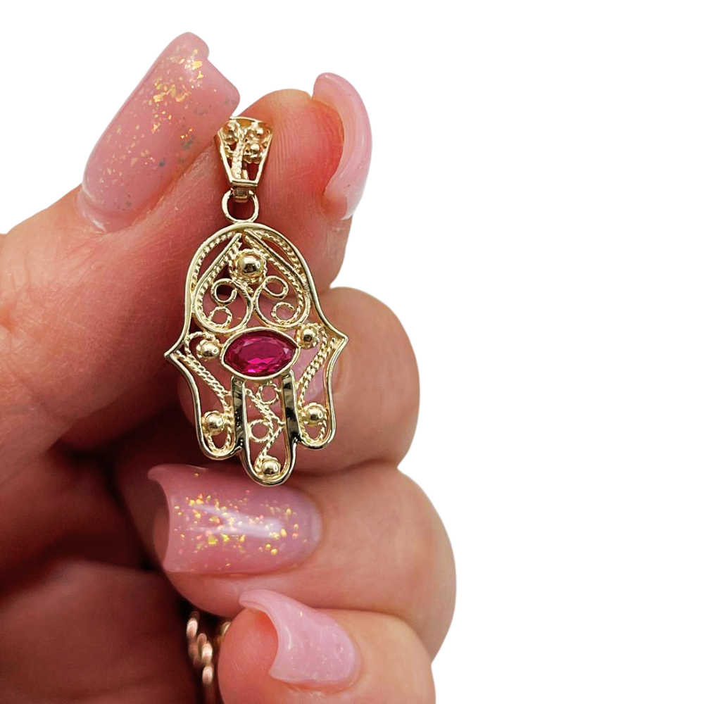 Hamsa Evil Eye 14K Gold Filigree Pendant with Garnet Stone