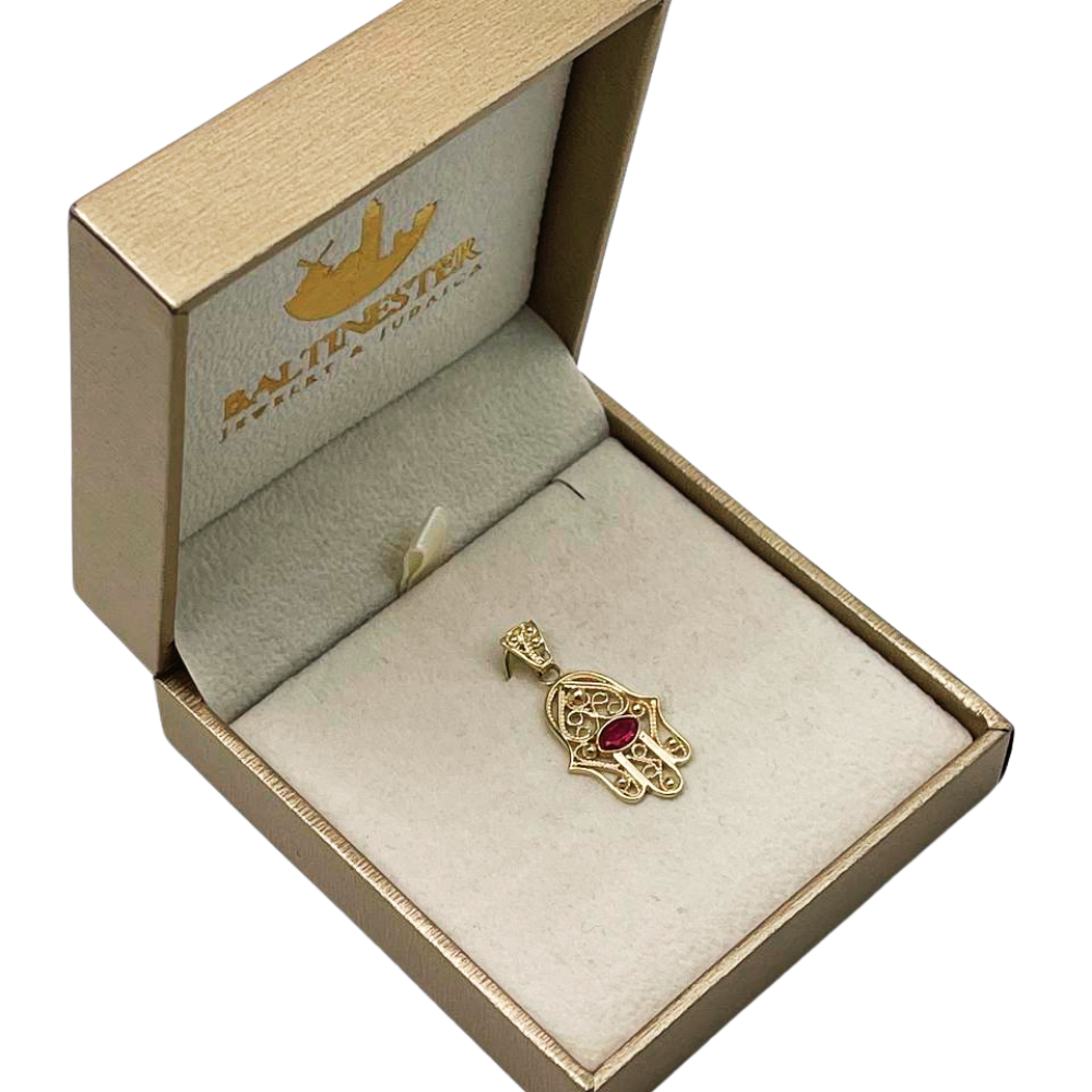 Hamsa Evil Eye 14K Gold Filigree Pendant with Garnet Stone