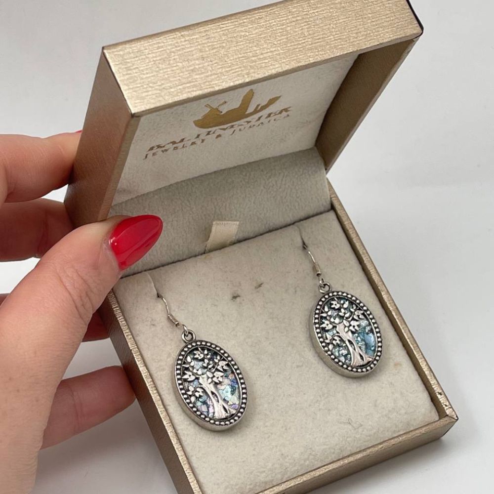 Oval Tree of Life Earrings with Roman Glass in Sterling Silver