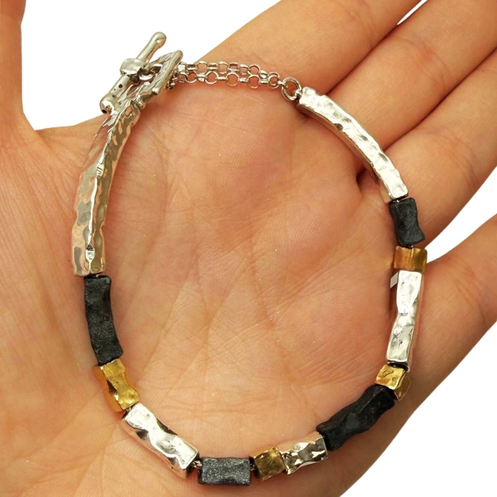 Handcrafted Israeli Mixed-Metal Bar Bracelet – Silver, Oxidized Silver & Gold Plated