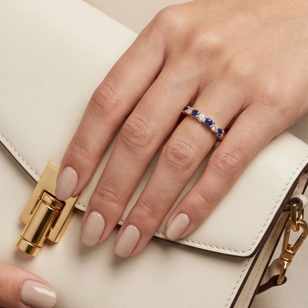 Sapphire & Diamond Half Eternity Band Ring in 14k Yellow Gold