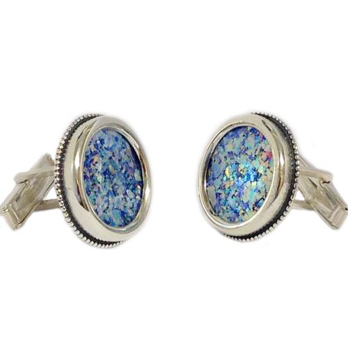 Sterling Silver Roman Glass Large Round Cufflinks