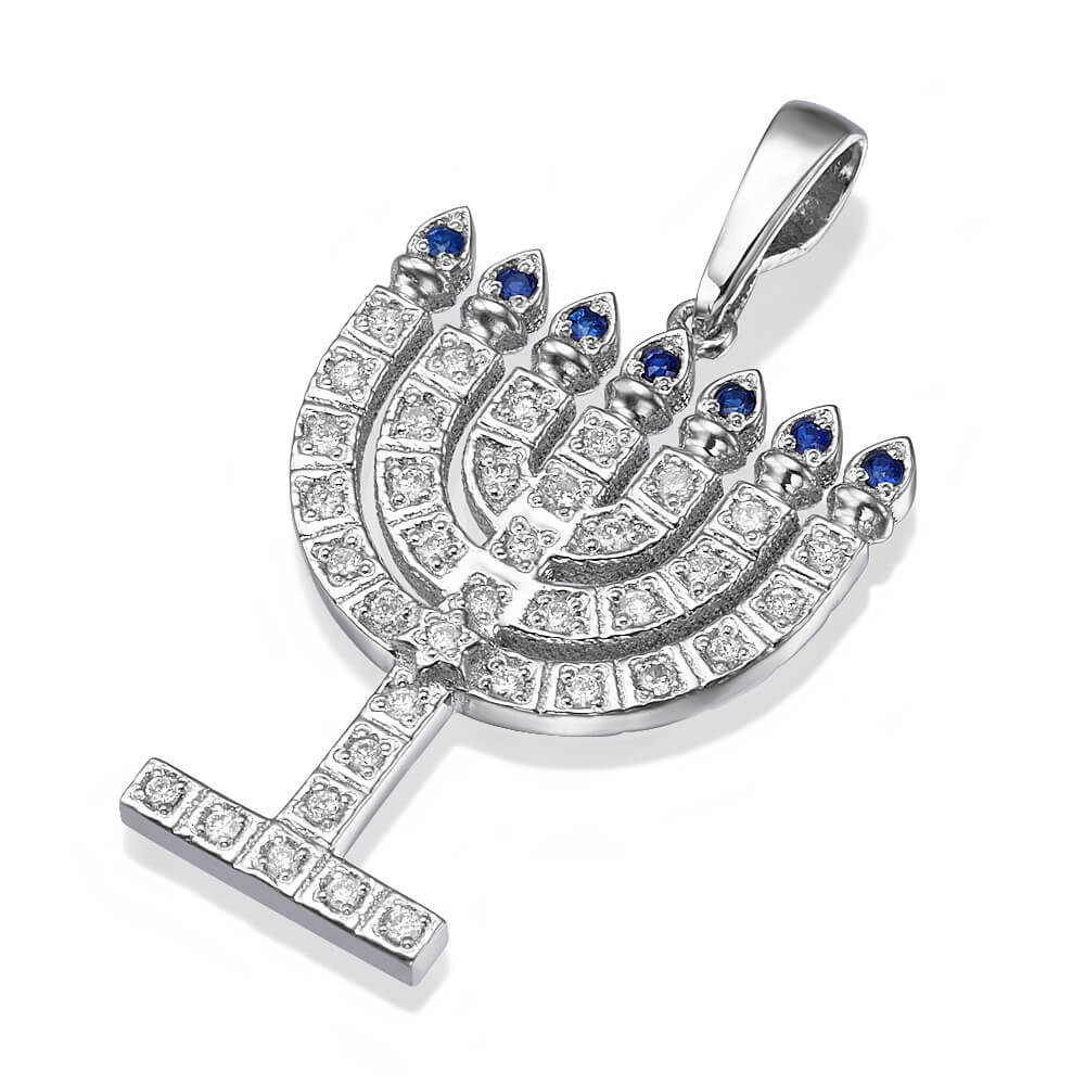 14k White Gold Diamond Sapphire Menorah Pendant