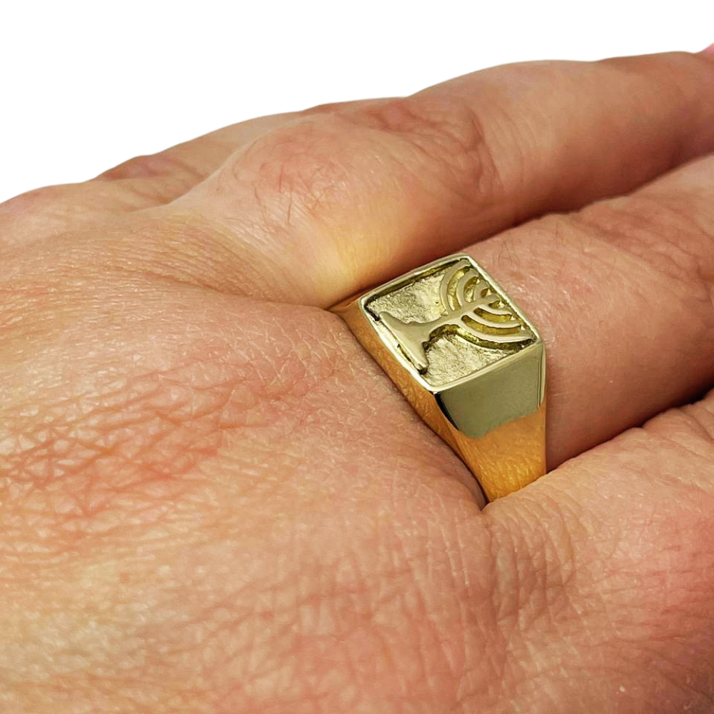 14k Gold Signet Menorah Ring