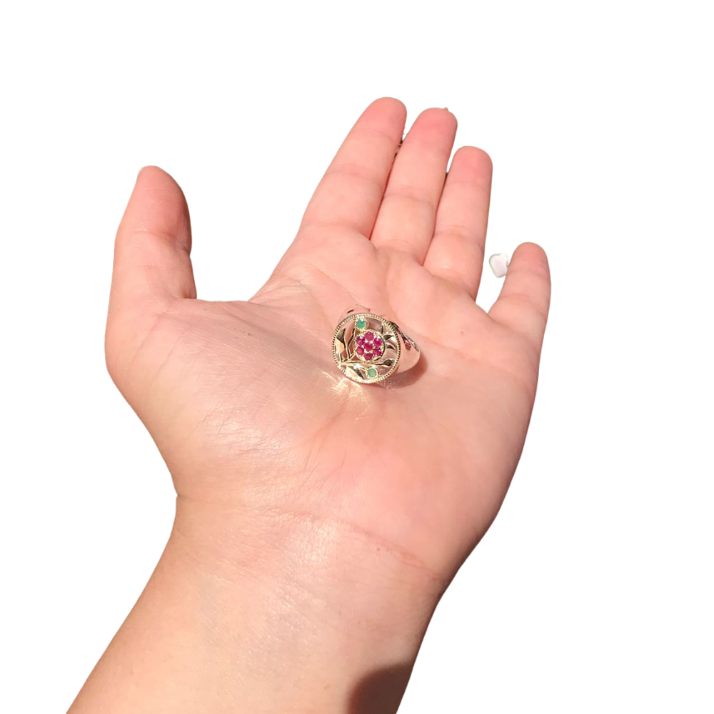 Pomegranate Ring in Silver and Gold with Rubies & Emeralds