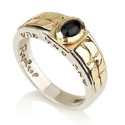 14K Yellow Gold and Silver Kabbalah Ring with Onyx Stone