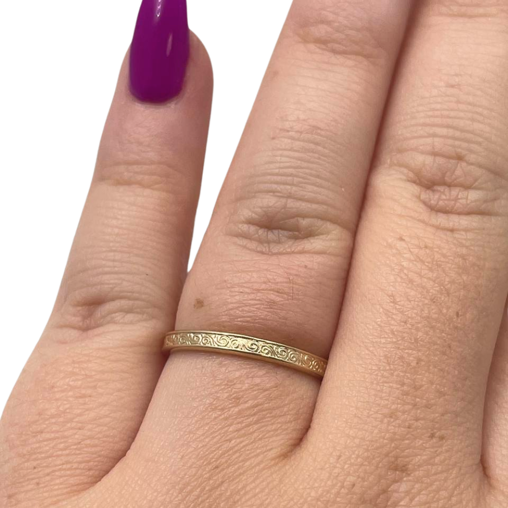 14K Gold Ornate Wedding Band Laser Engraved