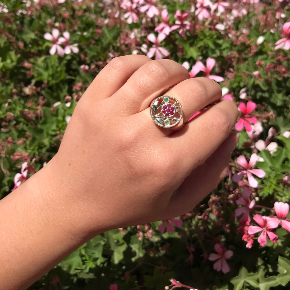 Pomegranate Ring in Silver and Gold with Rubies & Emeralds