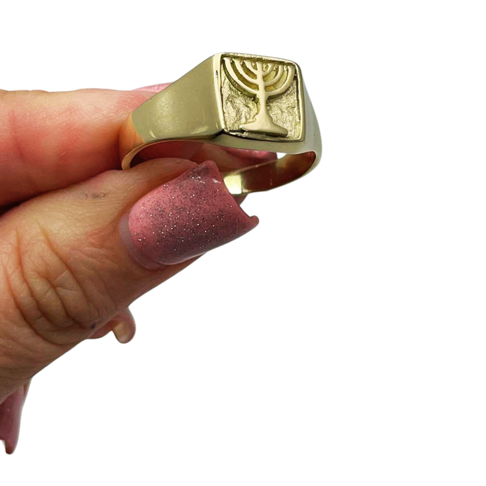 14k Gold Signet Menorah Ring