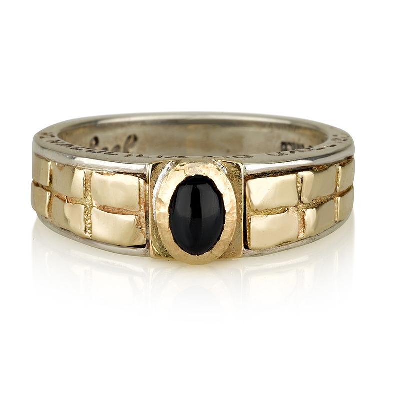 14K Yellow Gold and Silver Kabbalah Ring with Onyx Stone