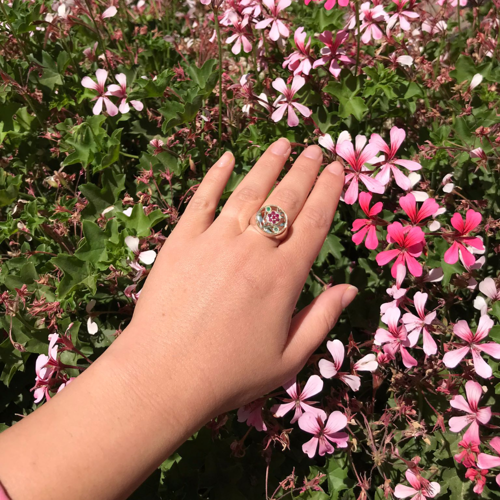 Pomegranate Ring in Silver and Gold with Rubies & Emeralds