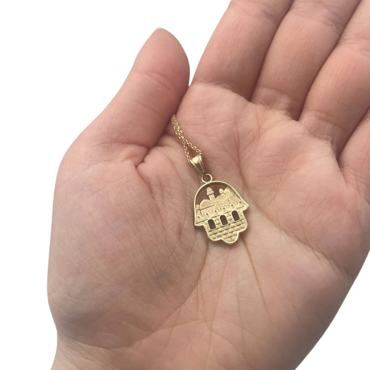 14K Gold 3D Jerusalem Hamsa Pendant
