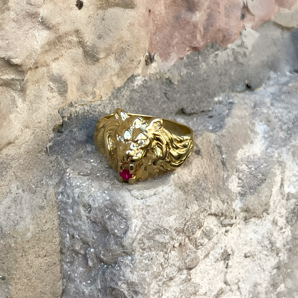 Diamond Lion of Judah Ruby Ring in 14k Yellow Gold