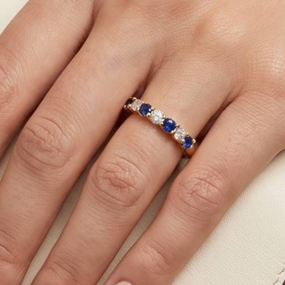 Sapphire & Diamond Half Eternity Band Ring in 14k Yellow Gold