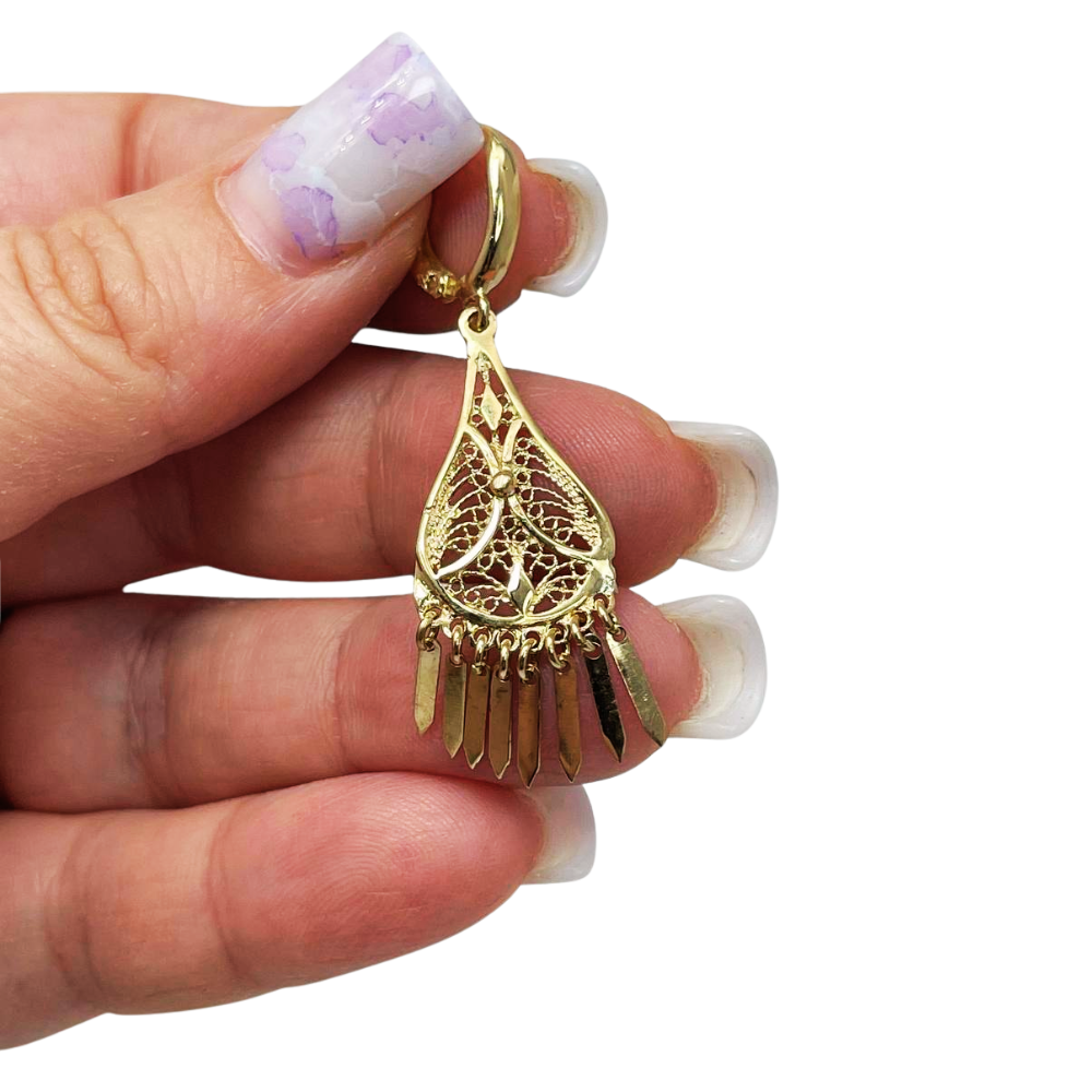14K Gold Teardrop Fringe Filigree Earrings