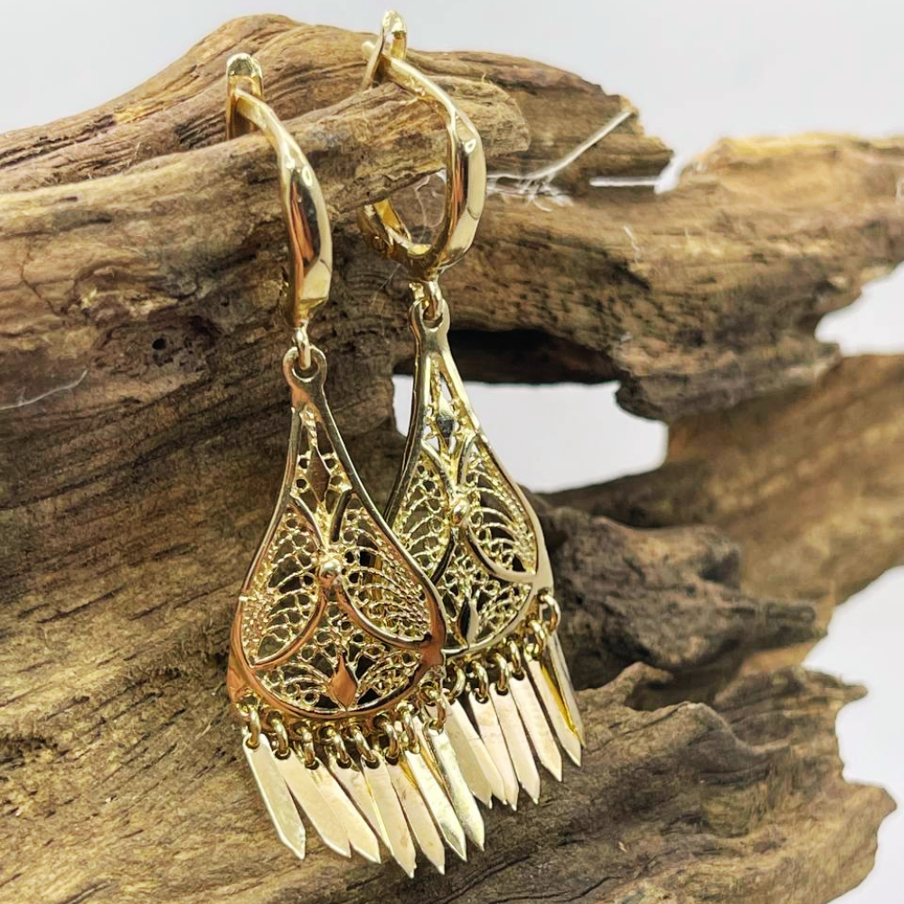 14K Gold Teardrop Fringe Filigree Earrings