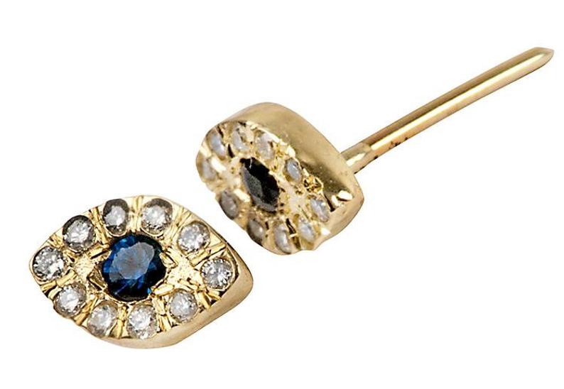 14K Yellow Gold Diamond and Sapphire Evil Eye Stud Earrings
